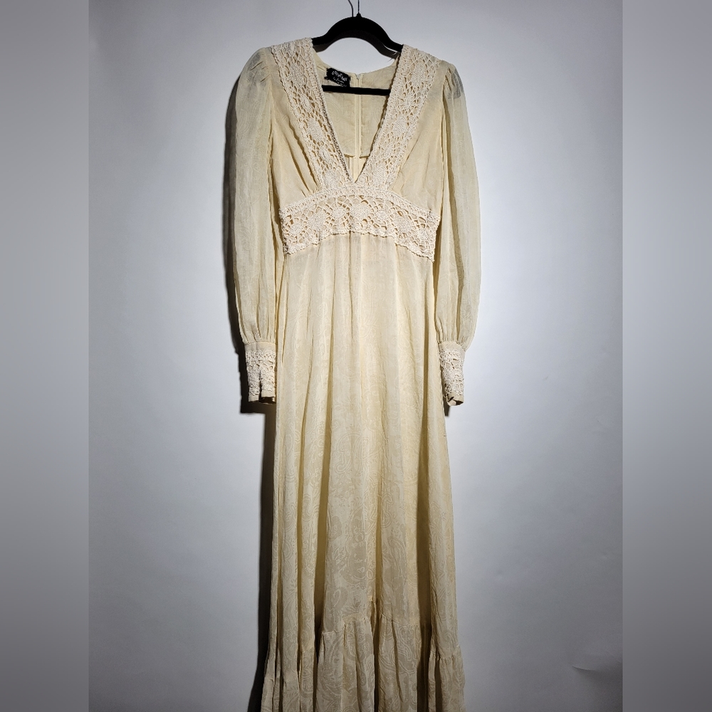 Vintage Gunne Sax Sheer Cotton Voile Low Cut Vneck Maxi Dress Black Label